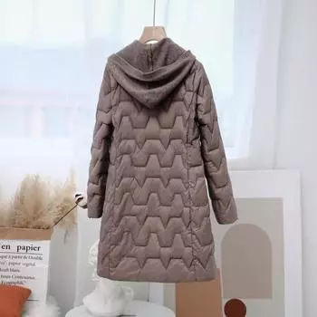 Осенне-зимний корейский вариант легкого и тонкого пуховика с капюшоном, женская средняя и длинная вязаная шапка, сращенная с пальто, легкая куртка L чёрный