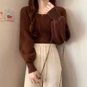 Осенне-зимний корейский вариант свитера для студенток, простая трикотажная базовая рубашка с квадратным вырезом, внутренний топ с длинными рукавами M чёрный