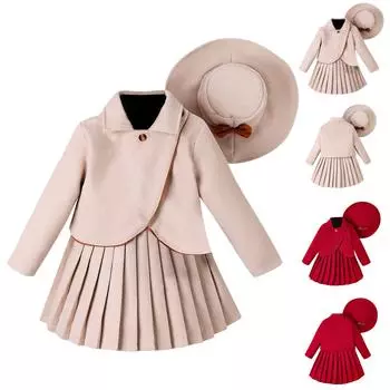 Осенне-зимний костюм для девочек с длинными рукавами, однотонным лацканами, плиссированной юбкой и шляпой 4Y бежевый