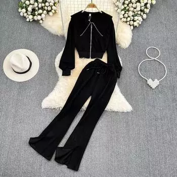 Осенне-зимний костюм женский повседневный темно-синий воротник с капюшоном на молнии плюс высокая талия тонкие широкие брюки с разрезом из двух предметов