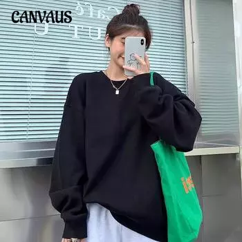 Осенне-зимний круглый вырез большого размера свободный женский парный свитер с длинным рукавом с подкладкой M чёрный