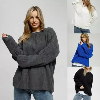 Осенне-зимний круглый вырез пуловер свободный длинный рукав вязаный свитер куртка женская S светло-серый