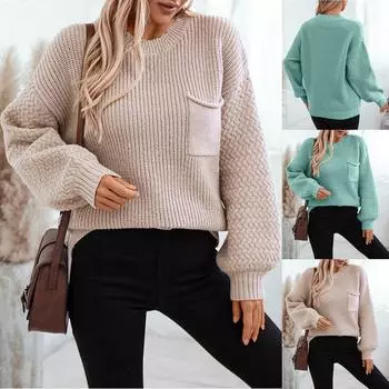 Осенне-зимний круглый вырез свободный карман вязаный кардиган рукав свитер L зелёный