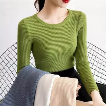 Осенне-зимний кружевной облегающий свитер с v-образным вырезом, женский вязаный универсальный повседневный пуловер с длинными рукавами, топ One Size зелёный