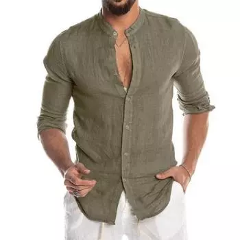 Осенне-зимний льняной кардиган с V-образным вырезом, воротником-стойкой, длинными рукавами, мужская рубашка M белый