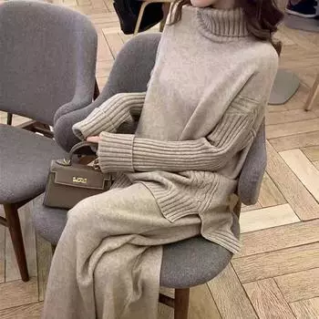 Осенне-зимний ленивый стиль, женский комплект из двух предметов, трикотажный свободный свитер с высоким воротом и широкие спортивные штаны, пуловер, костюмы XL чёрный