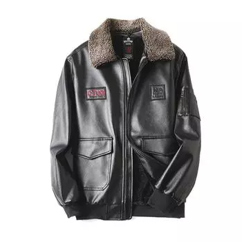 Осенне-зимний летный костюм с бархатными лацканами, кожаная мужская кожаная куртка на молнии с принтом и вышивкой, мужское пальто 50