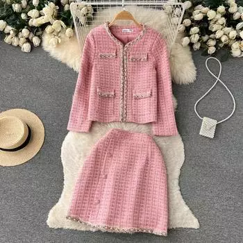 Осенне-зимний маленький твидовый жакет с шалью, расшитый бисером, маленькая короткая юбка на бедрах, комплект из двух предметов