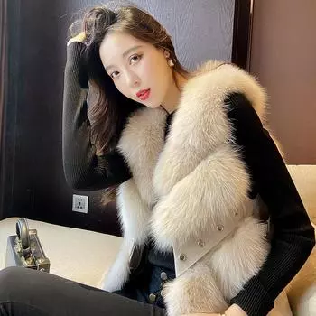 Осенне-зимний меховой жилет женский средний и длинный модный жилет сращивание искусственный меховой жилет S