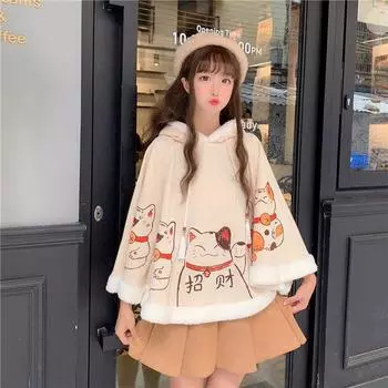 Осенне-зимний милый кошачий пуховик Harajuku Trend Velvet Thicked Student Female Japanese Soft Girl warm Cape Shall XL