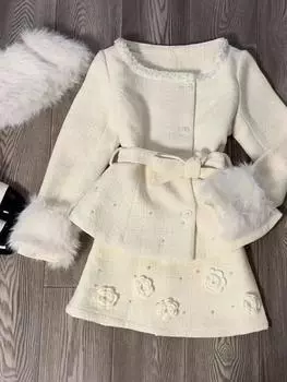 Осенне-зимний милый однотонный комплект из 2 предметов, женский дизайнерский шикарный тонкий длинный рукав на шнуровке + юбка с высокой талией и вышитым принтом XS абрикосовый