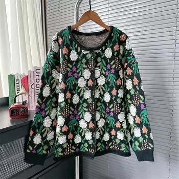Осенне-зимний милый вышитый цветочный свитер женский свободный однобортный вязаный кардиган One Size чёрный
