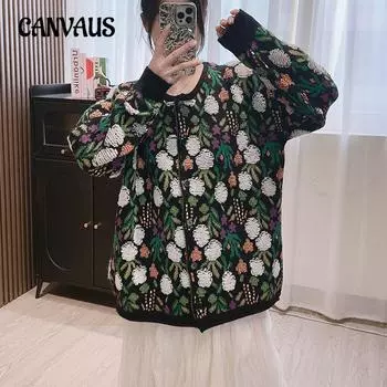 Осенне-зимний милый вышитый цветочный свитер женский свободный однобортный вязаный кардиган One Size чёрный