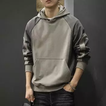 Осенне-зимний модный брендовый тяжелый ретро-сращивающийся свитер мужской свободный большой размер для спорта и отдыха с капюшоном M