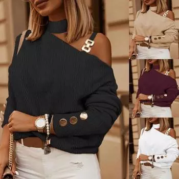 Осенне-зимний модный и сексуальный топ с косыми плечами, декоративный топ с длинными рукавами и цепочкой-пуговицей S чёрный