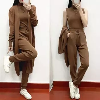 Осенне-зимний модный комплект темперамента, женский повседневный трикотажный кардиган, жилет, брюки, комплект из трех предметов L кофейный