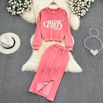 Осенне-зимний модный комплект, женский повседневный короткий стильный худи с круглым вырезом и надписью + сумка с разрезом на высокой талии, модная юбка из двух предметов