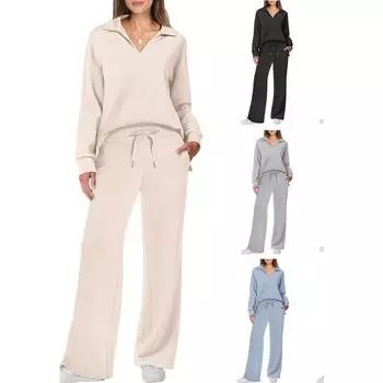 Осенне-зимний модный повседневный женский костюм с длинными рукавами и завязками, однотонные брюки для поездок на работу XXXL чёрный