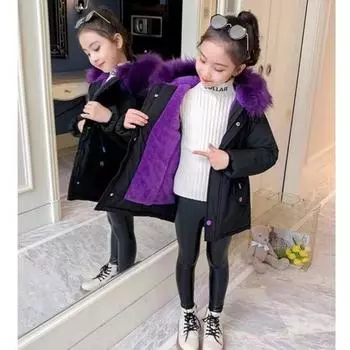 Осенне-зимний модный пуховик средней длины с толстым меховым воротником для девочек 170cm чёрный