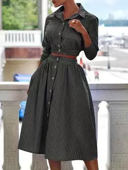 Осенне-зимний модный темпераментный полосатый костюм-рубашка с длинными рукавами, юбка до половины тела, комплект из двух предметов XL чёрный