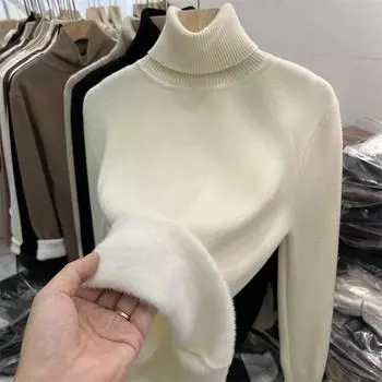 Осенне-зимний модный толстый бархатный вязаный свитер для женщин, однотонные водолазки, женские элегантные облегающие плюшевые теплые повседневные джемперы 25239 One Size чёрный