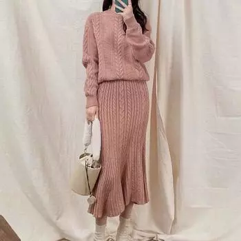 Осенне-зимний модный вязаный комплект из 2 предметов, женский свитер, пуловер + длинные юбки-русалочки миди, трикотаж, костюмы из двух предметов One Size верблюд