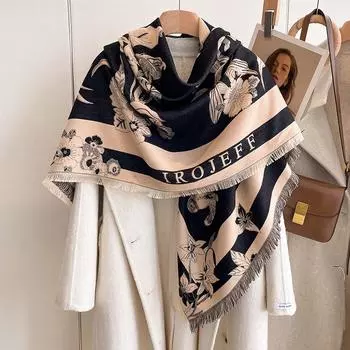 Осенне-зимний модный женский теплый шарф с принтом в виде гротескного растения, квадратный шарф, шаль 130-130cm серый