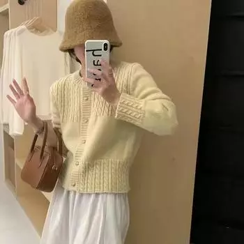 Осенне-зимний мягкий вощеный твист свитер куртка женский французский вязаный кардиган нежный маленький круглый вырез с длинными рукавами One size бежевый