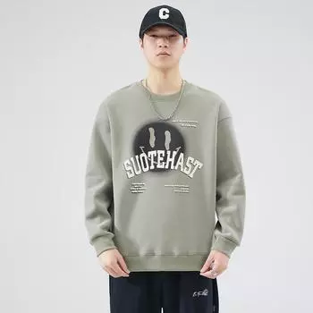 Осенне-зимний мужской флисовый утолщенный свитер с круглым вырезом, американская модная марка, свободная теплая футболка со смайликом L