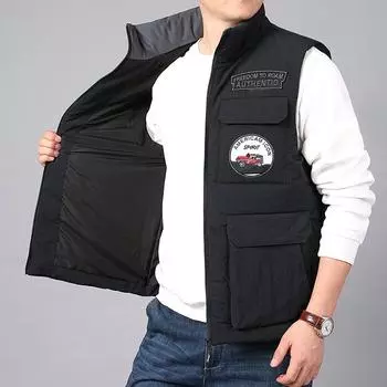 Осенне-зимний мужской хлопковый жилет с множеством карманов, рабочая одежда с жилетом и плюшевой теплой курткой 6XL чёрный