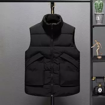 Осенне-зимний мужской хлопковый жилет в стиле милитари большого размера, терможилет, универсальная куртка, модный жилет со стойкой, однотонный жилет M (60-42.5 kg) чёрный