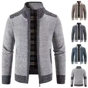 Осенне-зимний мужской кардиган, свитер, вязаный свитер, набитый и утолщенный, большого размера, воротник-стойка, термосвитер, куртка M синий