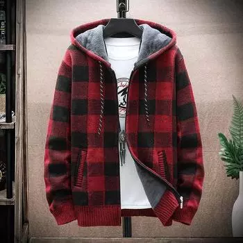 Осенне-зимний мужской клетчатый свитер с капюшоном, кардиган, холодное пальто, шерстяная куртка на молнии, теплая одежда, клетчатый вязаный джемпер, повседневный толстый теплый топ XXXL синий