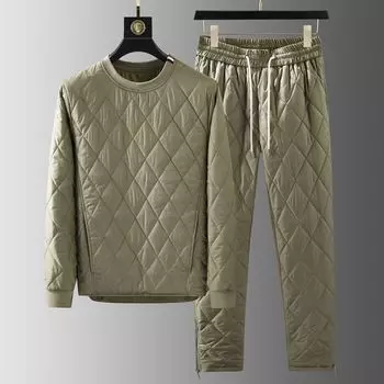 Осенне-зимний мужской комплект из двух предметов, пуловер с круглым вырезом, хлопковое пальто, брюки, мужская пижама с геометрическим узором, теплый толстый костюм, мужская одежда больших размеров XS чёрный