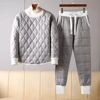 Осенне-зимний мужской комплект из двух предметов, пуловер с круглым вырезом, хлопковое пальто, брюки, мужская пижама с геометрическим узором, теплый толстый костюм, мужская одежда больших размеров XS чёрный