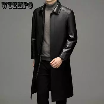 Осенне-зимний мужской кожаный тренчкот средней длины, мужская деловая повседневная кожаная куртка с лацканами, мужской S чёрный