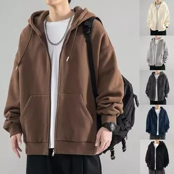 Осенне-зимний мужской однотонный кардиган, свободный большой свитер с капюшоном L бежевый