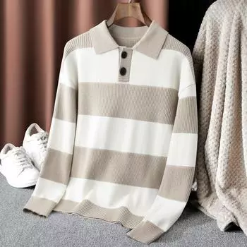 Осенне-зимний мужской полосатый топ с длинными рукавами, удобный повседневный с лацканами, модная мужская одежда L хаки