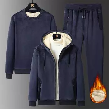 Осенне-зимний мужской спортивный костюм, комплект из 3 предметов, толстовки, спортивные штаны, спортивный костюм, толстовки, брюки, кашемировый костюм из ягненка, мужская одежда L чёрный