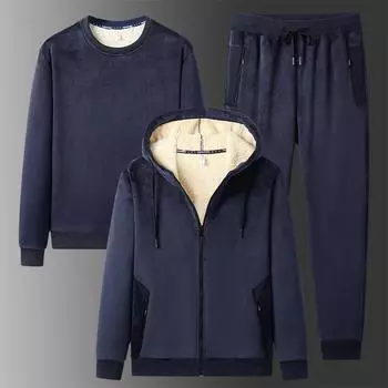 Осенне-зимний мужской спортивный костюм, комплект из 3 предметов, толстовки, спортивные штаны, спортивный костюм, толстовки, брюки, кашемировый костюм из ягненка, мужская одежда L чёрный