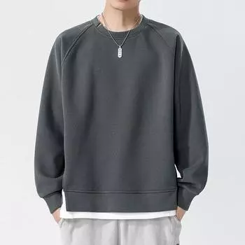 Осенне-зимний мужской свитер из двух частей с круглым вырезом, флисовая утолщенная плотная футболка с длинными рукавами, американский модный бренд, свободный топ M чёрный