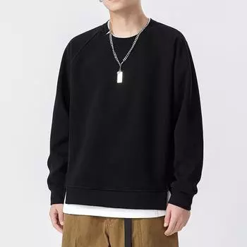 Осенне-зимний мужской свитер из двух частей с круглым вырезом, флисовая утолщенная плотная футболка с длинными рукавами, американский модный бренд, свободный топ M чёрный
