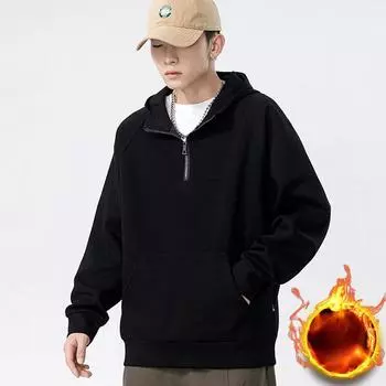 Осенне-зимний мужской свитер с капюшоном на полумолнии, толстый утолщенный бархатный американский ретро-пуловер с капюшоном M темно серый