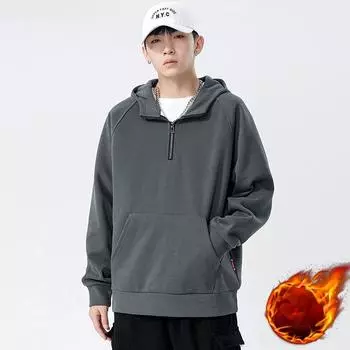 Осенне-зимний мужской свитер с капюшоном на полумолнии, толстый утолщенный бархатный американский ретро-пуловер с капюшоном M чёрный