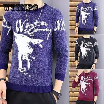 Осенне-зимний мужской свитер с круглым вырезом, напечатанный пуловер, плюс утолщенный бархат, теплая базовая рубашка, мягкий повседневный свитер, термобелье 3XL вино красного