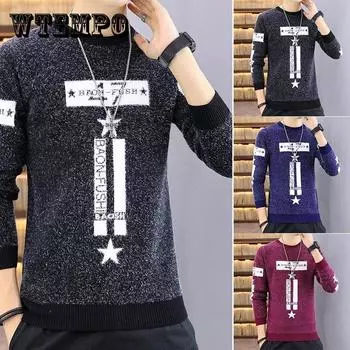 Осенне-зимний мужской свитер с круглым вырезом, напечатанный пуловер, плюс утолщенный бархат, теплая базовая рубашка, мягкий повседневный свитер, термобелье 3XL вино красного