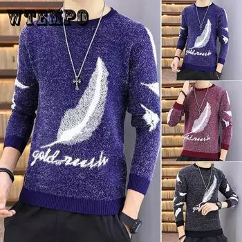 Осенне-зимний мужской свитер с круглым вырезом, напечатанный пуловер, плюс утолщенный бархат, теплая базовая рубашка, мягкий повседневный свитер, термобелье 3XL вино красного