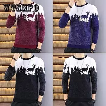 Осенне-зимний мужской свитер с круглым вырезом, напечатанный пуловер, плюс утолщенный бархат, теплая базовая рубашка, мягкий повседневный свитер, термобелье 3XL вино красного