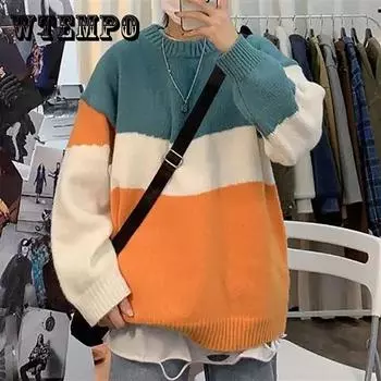 Осенне-зимний мужской свитер с круглым вырезом, трикотажный, трехцветный, трендовый, теплый, мягкий, свободный, повседневный, свитер, базовая рубашка 2XL