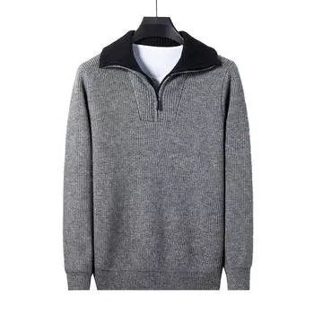 Осенне-зимний мужской свитер с отворотом и полумолнией, утолщенный, теплый, шерстяной, свободный, повседневный, однотонный, трикотажный мужской свитер, модный M